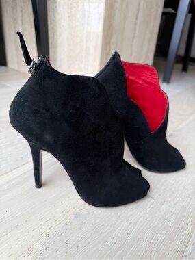 Charles Jourdan Black Suede Peep-Toe Ankle Booties with Red Lining